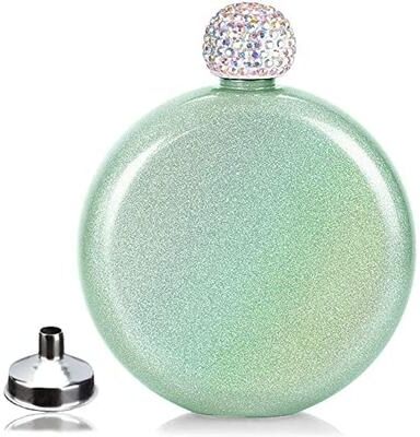 Inspire Daily Merch Stainless Steel Hip Flask For Women Chic Portable Wine Alcohol Flask With Rhinestone Cap green