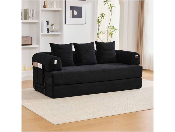 MEUBLIV Canapé modulable compressé noir en corduroy structure métal 3 places 3 coussins poche latérale