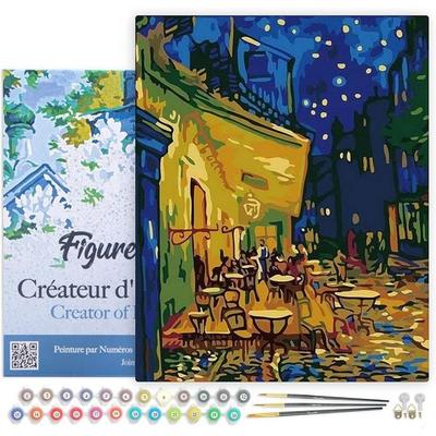 FiguredArt PN928-Y - Malen nach Zahlen, Café Van Gogh, Leinen-Keilrahmen (40x50cm), Malset, Paint by Numbers