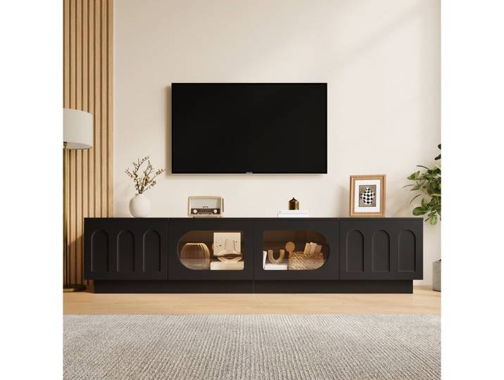 ROVRYN Meuble TV 200 cm noir 4 portes dont 2 vitrées LED contrôlée par application