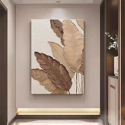 handgemachtes 3D-Blatt-Ölgemälde mit Blattmotiven in warmen Tönen und satten Farbtönen, erstellt mit Impasto-Technik für Wohndekor-Ölgemälde