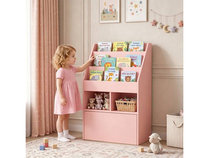 HOMCOM Bibliothèque Bois Rose 3 Étagères 2 Niches Tiroir