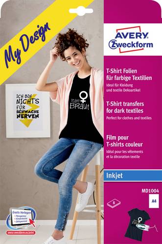 Avery-Zweckform My Design T-Shirt MD1004 Tintenstrahl Textilfolie DIN A4 für farbige Textilien, Optimiert für Tintenstrahl 8 Blatt
