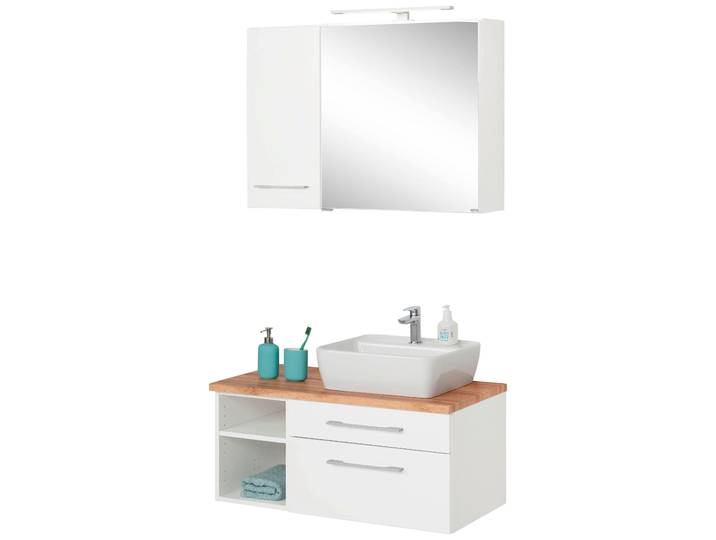 Badmöbel-Set WELLTIME Davos , weiß, Becken rechts, Kastenmöbel-Sets, Badmöbel-Set, Spiegelschrank mit extra Regal
