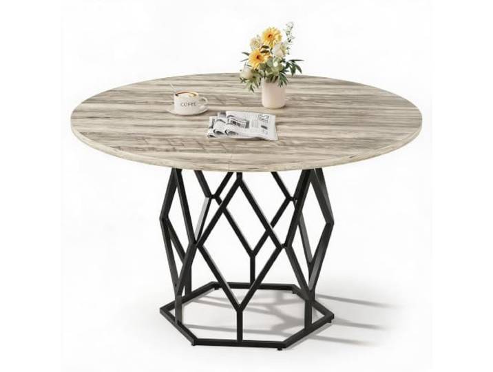 GarveeLife Runder Esstisch 120cm für 4–6 Personen, Holzoptik, Metallgestell Modernes Landhausdesign, robuste Tischplatte, kratz- und fleckenbeständige Oberfläche, stabile Basis, einfache Montage, Grau