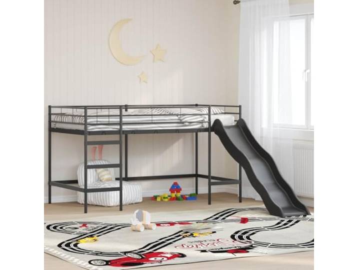 Stahlkonstruktion mit Rutsche Jugendzimmer Stilvoll 107 x 200 cm Schwarz Kinder Hochbett mit Rutsche und Stufen Schwarz Anthrazit 107x200 Stahl Stabil Platzsparend für Kinderzimmer