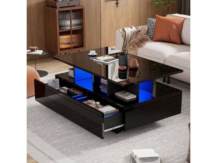 Table basse brillant 90x55x41cm Table basse salon moderne avec éclairage LED et 2 tiroirs et rangement - noir