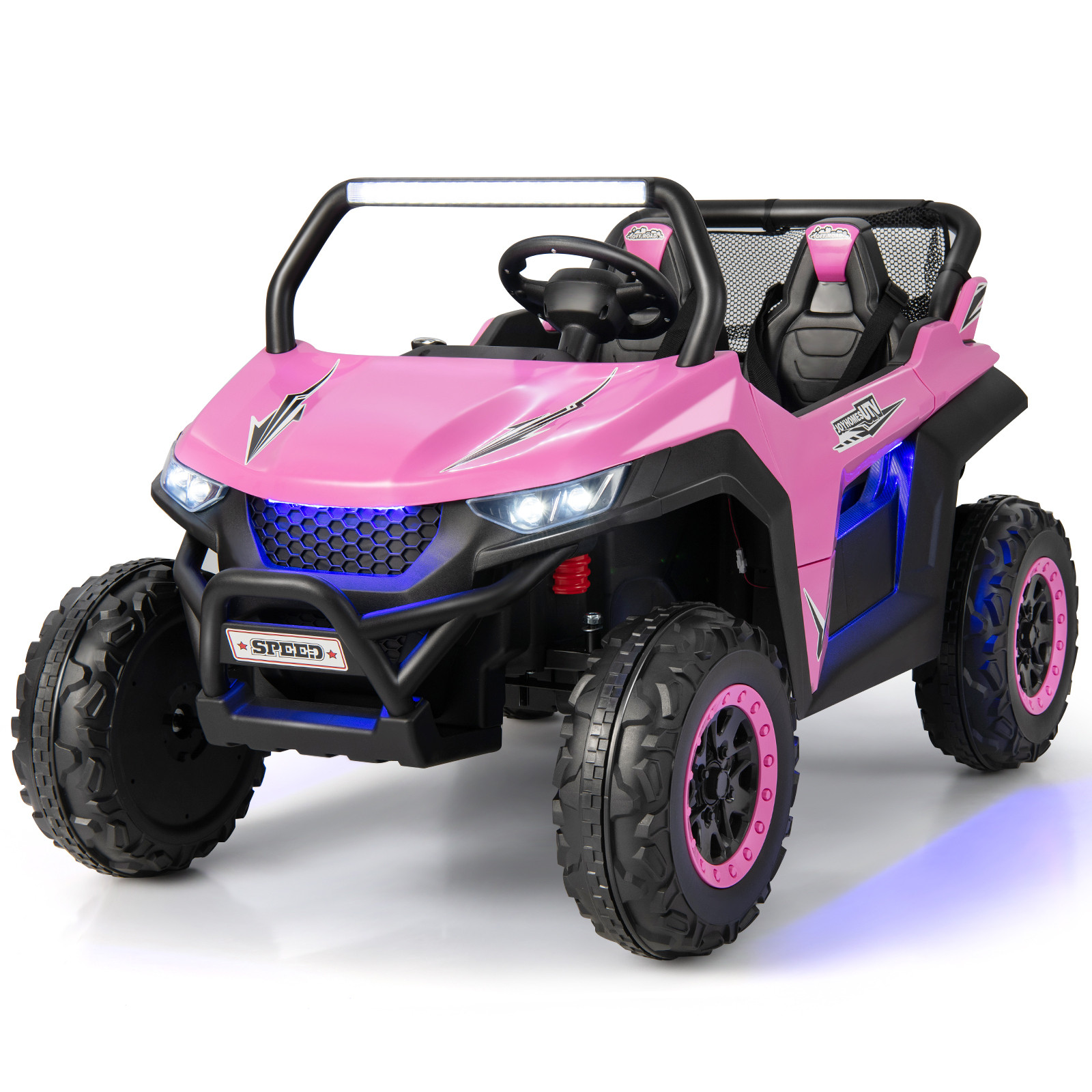 Costway 2-Zits Kinderauto met 2,4G Afstandsbediening, 12V Kinder UTV met Muziek en Koplampen, Roze