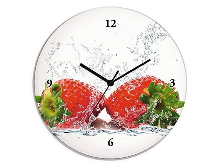 ARTLAND Wanddeko Wanduhr ohne Tickgeräusche Glas Quarzuhr Ø 30 cm Rund Lautlos Obst Früchte Erdbeere im Wasser Frucht Modern Food T5SP