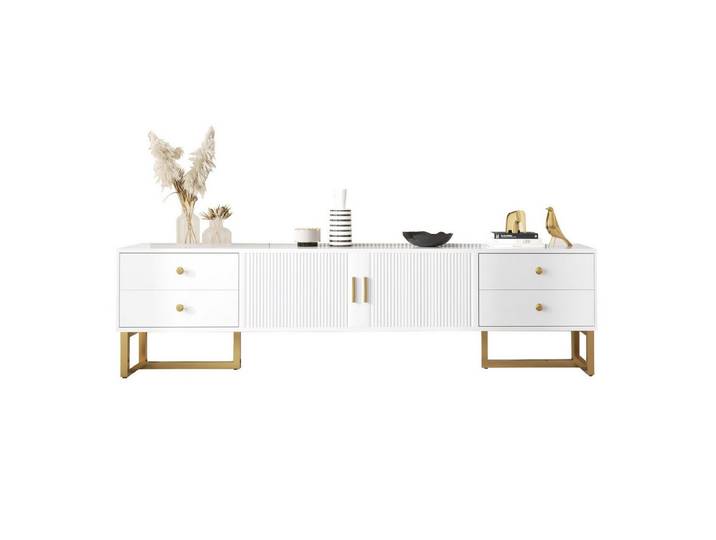 Rutaqian TV-Schrank Fernsehtisch, Lowboard mit mit 2 Türen, 4 Schublade,175x30x46 cm (TV-Schrank Strukturiertes Türdesign,Goldenen Griffen und Goldenen Füßen, TV-Regal für Wohnzimmer, Esszimmer und Schlafzimmer)