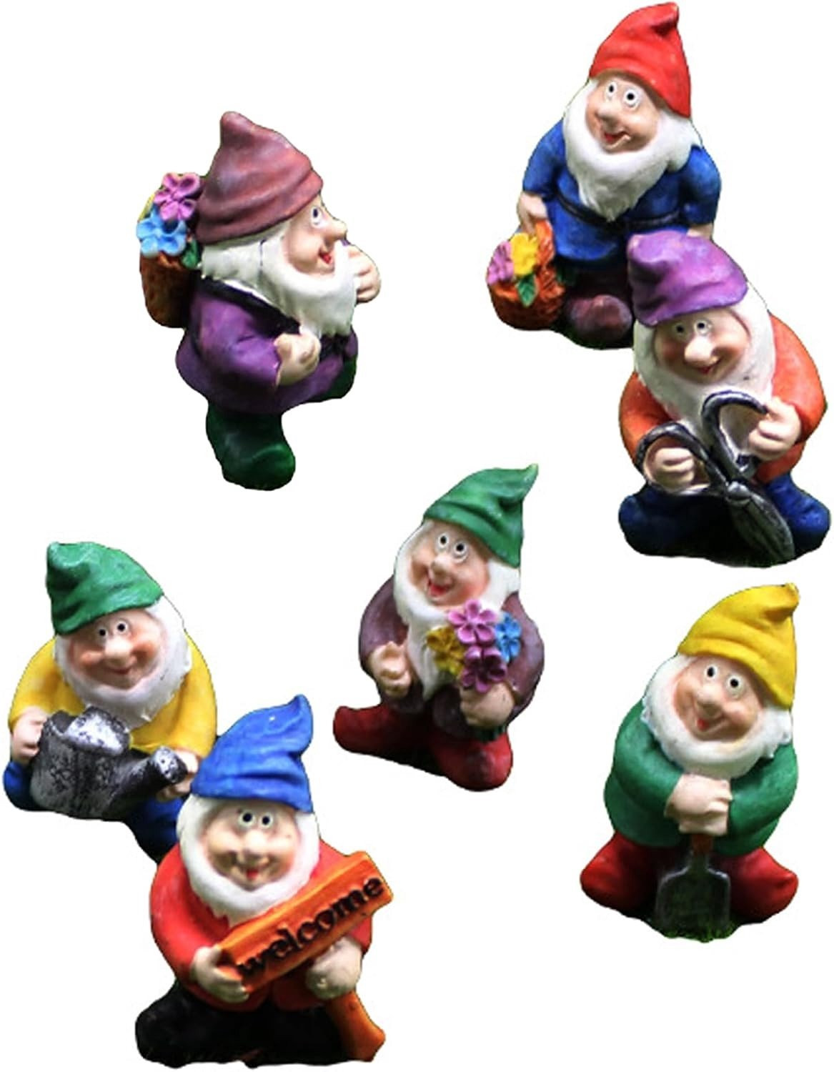 Set van 7 houten tuinkabouters voor decoratie en tuinaccessoires