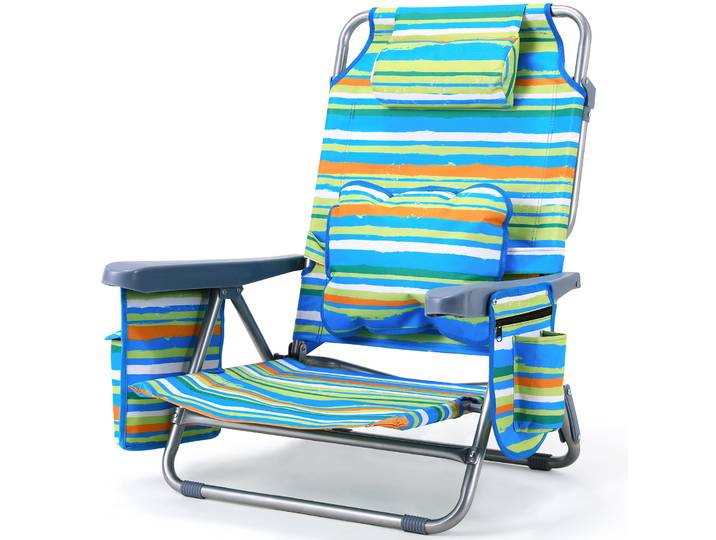 Chaise de plage à dos portable compacte, chaise de plage haute et plate en aluminium à 5 positions pour adultes avec pochette isotherme, pochette de rangement