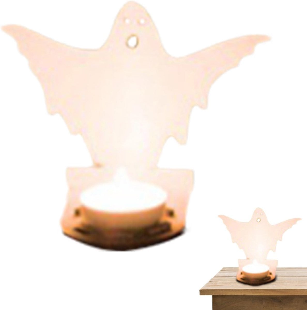 Merkloze Halloween Waxinelichthouder met Griezelontwerp - Houtkleur - 12 x 10 x 8 cm