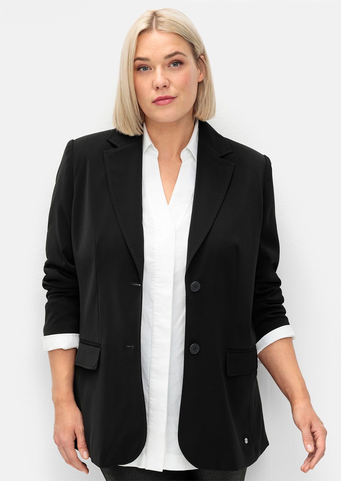 Jackenblazer SHEEGO "Blazer", Damen, Gr. 46, schwarz, 100% Polyester, Blazer Jackenblazer schwarz 46