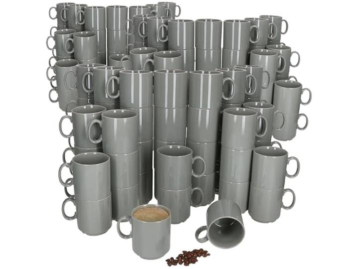 MamboCat Event 120er Set Kaffeebecher I 250 ml I graue Porzellan-Becher mit Henkel 120 Personen I stapelbare Tassen für Heißgetränke wie Tee, Kakao, Latte Macchiato&Co I schickes Kaffee-Geschirr