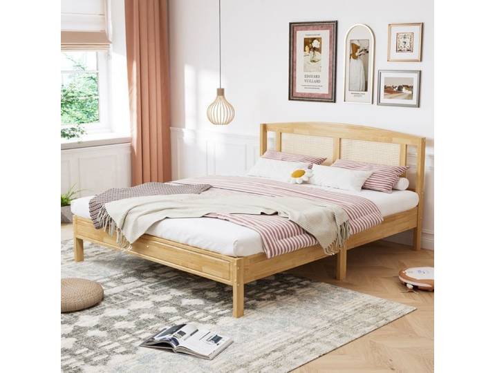 Lit double - Naturel - 160x200 cm - Bois massif - Sommier à lattes - Design élégant