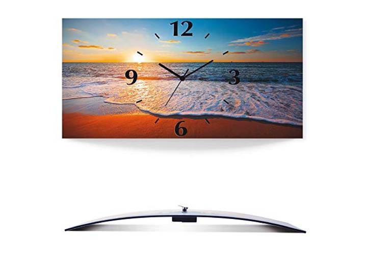 ARTLAND Wanddeko Wanduhr ohne Tickgeräusche Alu Quarzuhr 60x30 cm Rechteckig Lautlos Strand Meer Sonnenuntergang Urlaub Sonne Maritim S7LE
