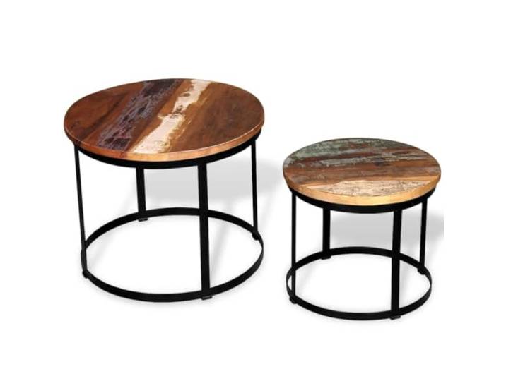 HEFZGDB 2-TLG. Couchtisch-Set Altholz Massiv Rund 40cm/50cm Industrie-Stil Vintage Handgefertigt Recyceltes Holz Stabile Eisenkonstruktion Beistelltisch Wohnzimmertisch