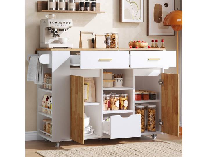 REDOM Kücheninsel Küchenrollwagen mit Arbeitsfläche 120×45(71)×90 cm, (Servierschrank mit Gewürzablage Rollen und Stauraum Design), Küchenmöbel mit Ausziehtisch Regalen und 3 Schubladen