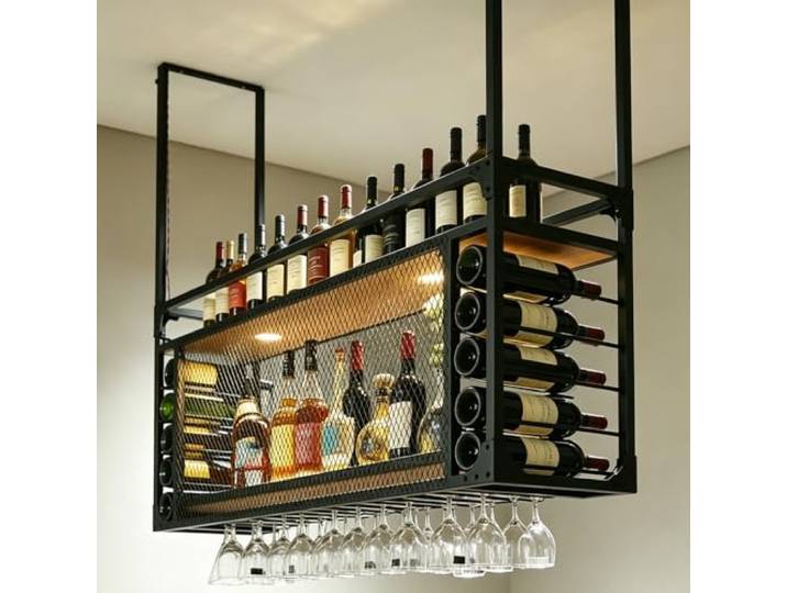 RAJYQODIS 120cm Hängendes Weinregal, 2-Lagiges Schwimmendes Deckenregal aus Metall, Stabil Flaschenhalter Aufbewahrungsregal, Geeignet für Küche, Esszimmer, Bar, Restaurant und Hotel (120cm)