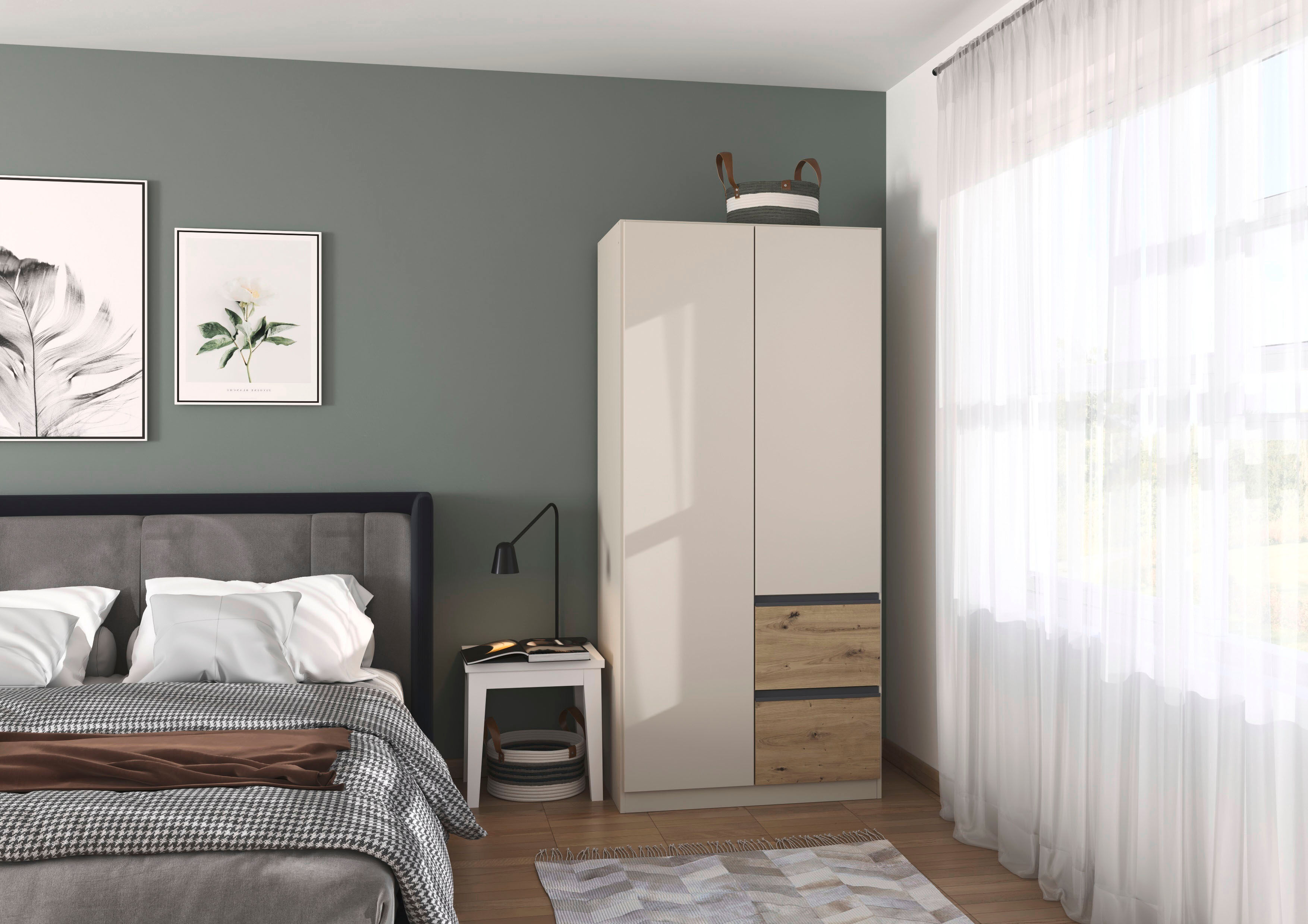 Drehtürenschrank RAUCH "Kleiderschrank Schrank Garderobe Wäscheschrank COSTA Breite 91 cm", beige (beige (champagner), eiche artisan, eingriffe graumetallic), B:91cm H:197cm T:54cm, Holzwerkstoff, Schränke, Drehtürenschrank, Breite 91 cm grifflose Front m
