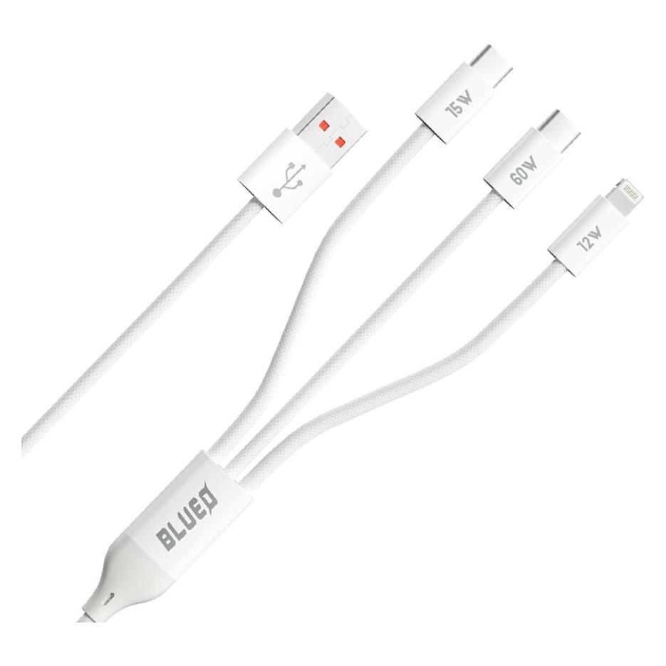 BlueO - 3in1 Data Cable - USB-A to 2x Type-C, Lightning, Fast Charging, Braided - White (60415728)