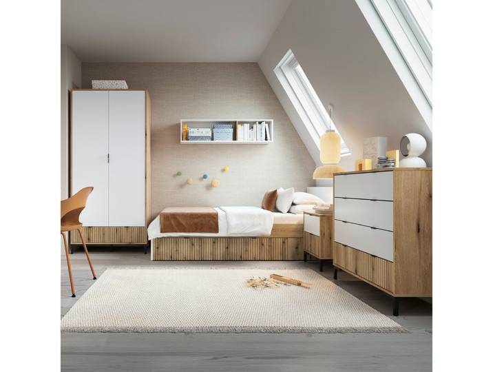 Lomadox Jugendzimmer-Set RISBY-129, (Sparset, 5-tlg), Kinderzimmer Bett 90x200 Kleiderschrank Kommode Nachttisch weiß Eiche