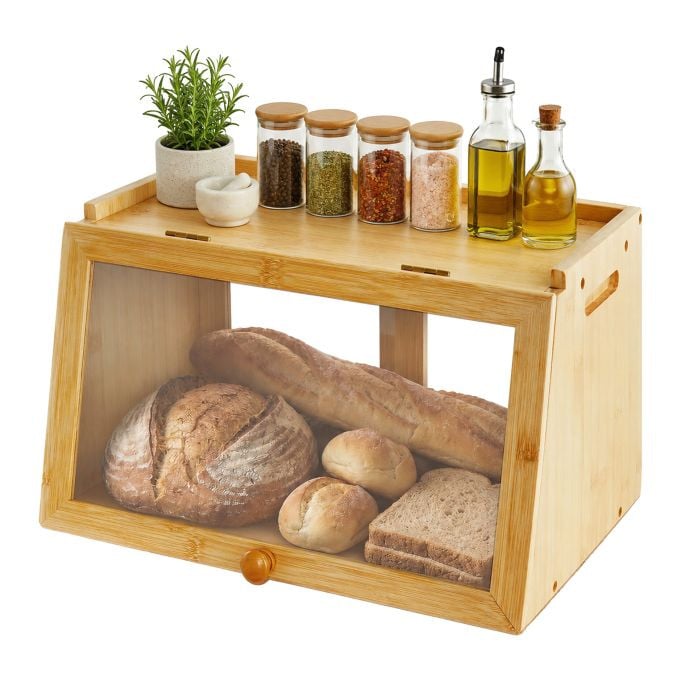 Relaxdays Bamboe broodtrommel met klep en schuifdeur, beige/bruin