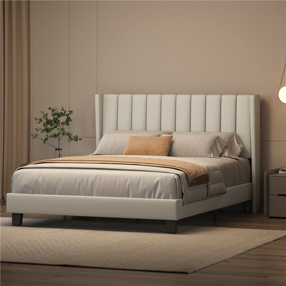 Yaheetech Upholstered Bed Frame with Channel Tufted Headboard PU Leather/Cream Kingsize (5')