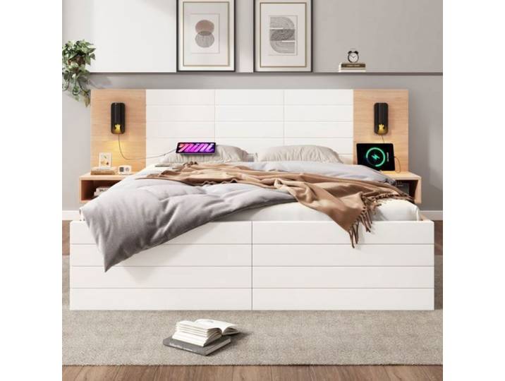 Cadre de lit - AUTREMENT - 160x200 cm - Bois massif - 2 tiroirs - Ports USB intégrés STRUCTURE DE LIT