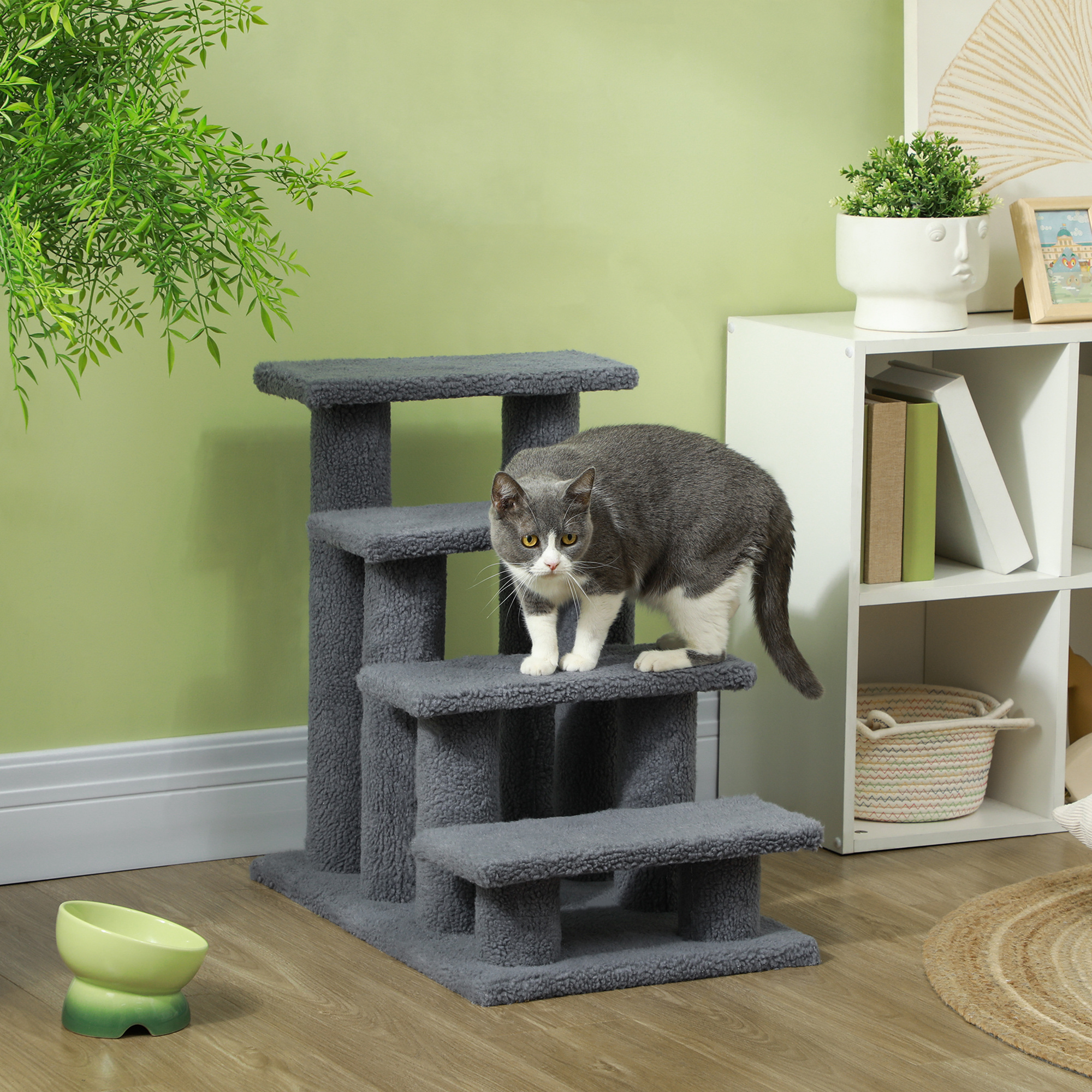 Pawhut Scaletta per Cani e Gatti a 4 Gradini con Rivestimento in Peluche, 61x41x60 cm, Grigio