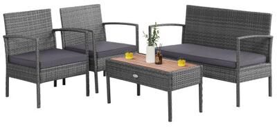 Costway 4 Pieces Rattan Patio Conversation Furniture Set with Acacia Wood Tabletop