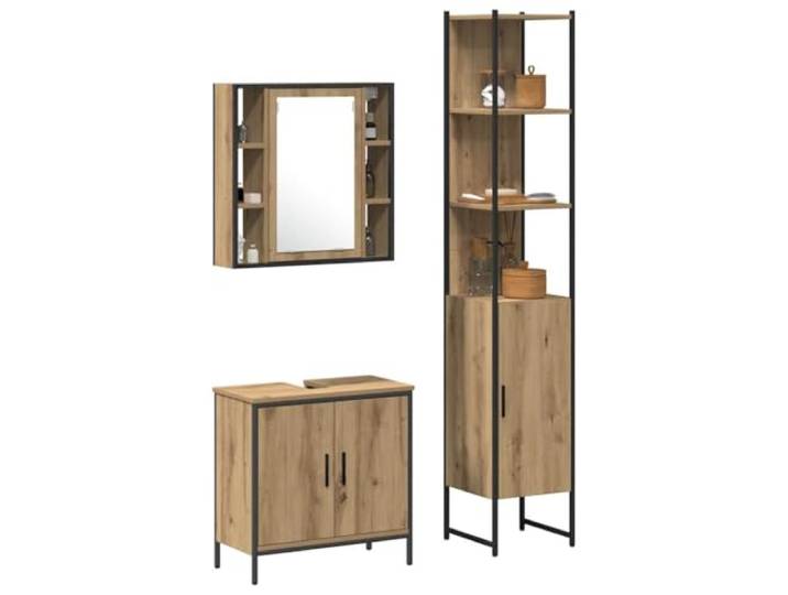 KTHLBRH Badezimmer-Einheit 3-teilig braun 33 x 33 x 185,5 cm Technisches Holz, Wandmontage, 13 Einlegeböden, schwarze Griffe, feuchtigkeitsbeständig