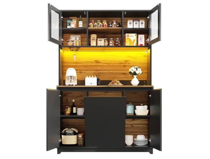 Meuble haut de cuisine - Buffet Haut 180cm Noir - Portes acryliques - Éclairage LED multicolore - Compartiment poubelle intégré