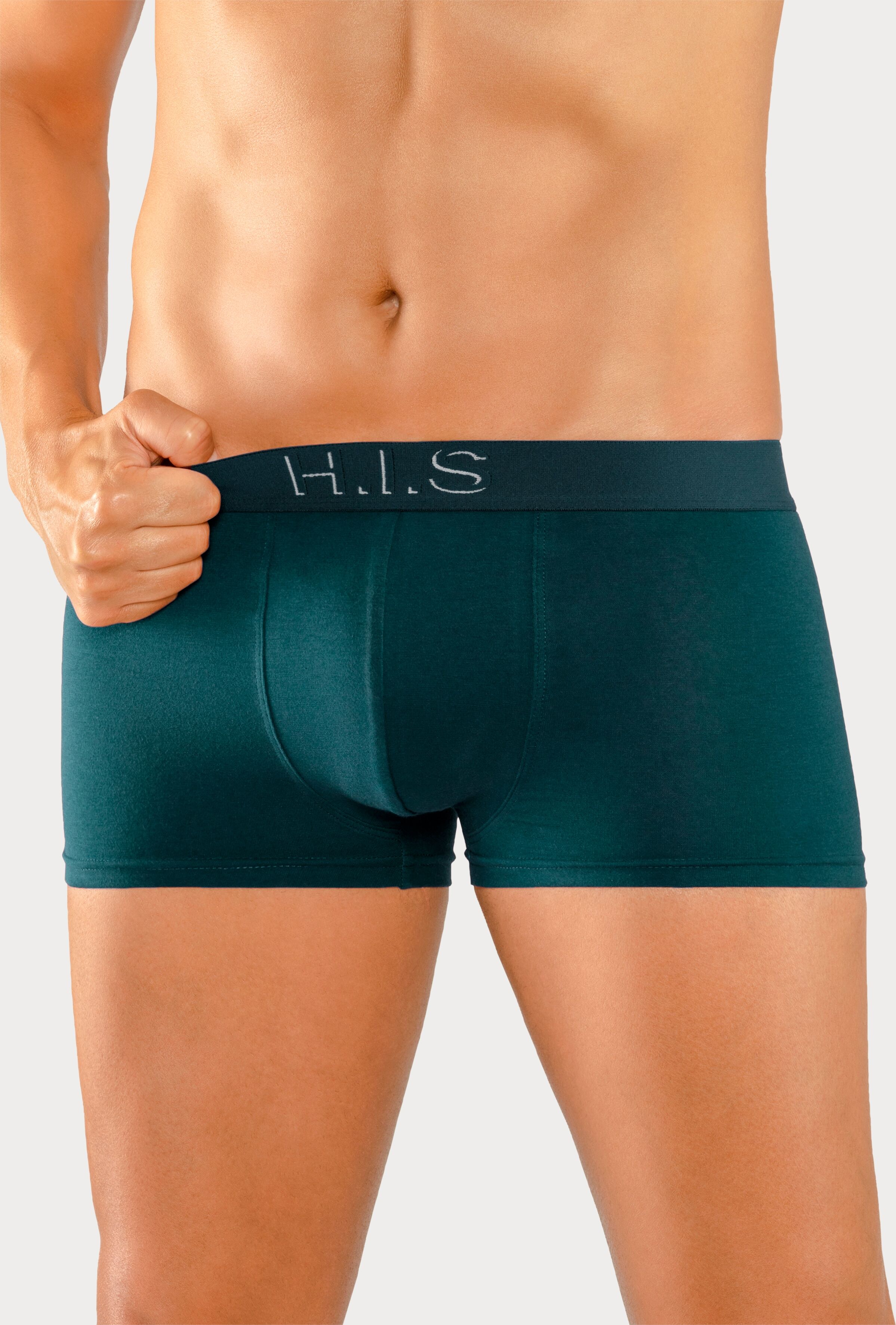 Hipster H.I.S, Herren, Gr. XL, 5 Stk., bunt (petrol, bordeaux, schwarz, olivgrün, navy), Jersey, Obermaterial: 95% Baumwolle, 5% Elasthan, unifarben, körpernah, Unterhosen Hipster, knapp sitzende Boxershorts am Webbund mit Logoschriftzug mit 3D Effekt pet