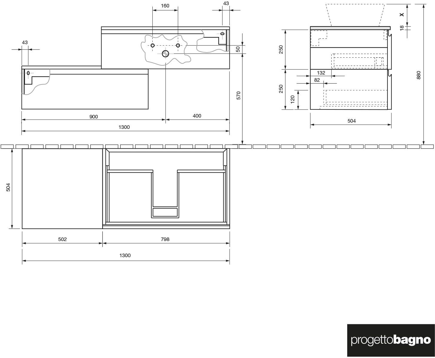 progettobagno Stresa Duo Modular Waschtischkonsole  130 cm rechts, Badmöbel, MBIL25801302TLDNEBI, - B: 130  T: 50,4 H: 50 cm
