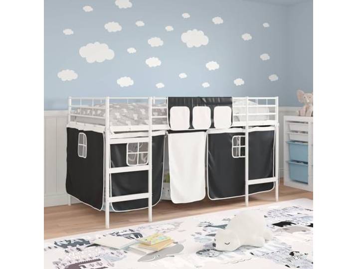 KTHLBRH Hochbett aus Metall für Kinder, Weiß und Schwarz Robuster Rahmen, Netzzelt, Wand-Kopfteil, 90 x 200 cm