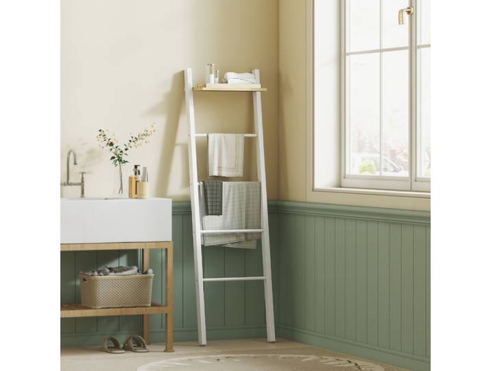 HOMCOM Porte-Serviettes Échelle 4 Barres avec Étagère Blanc Chêne