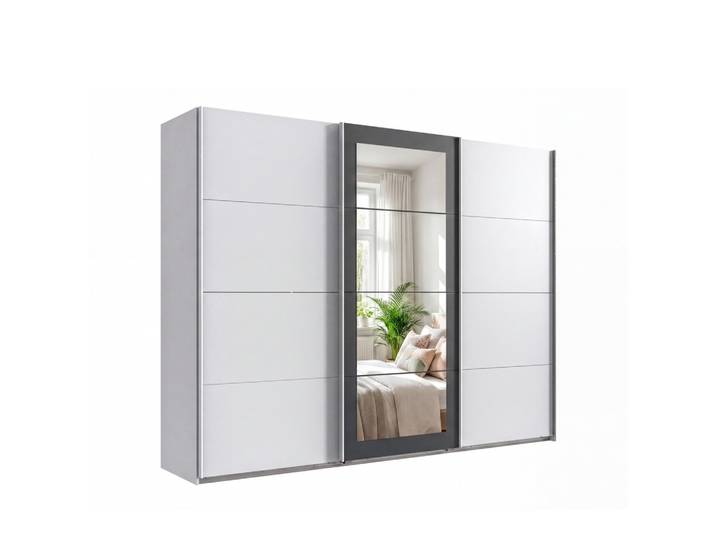 SCHWEBETÜRENSCHRANK 3-türig B270/H208/64 cm Kleiderschrank in Weiß, Spiegel umrahmt in Grafit, Griffe Weiß / 22629