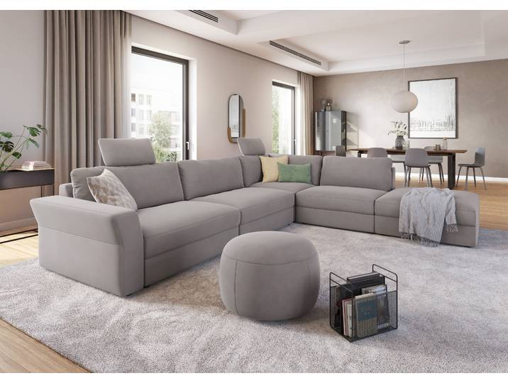 Ecksofa, Samtoptik, Beige, 356×292 cm, Sitztiefenverstellung, SIT & MORE