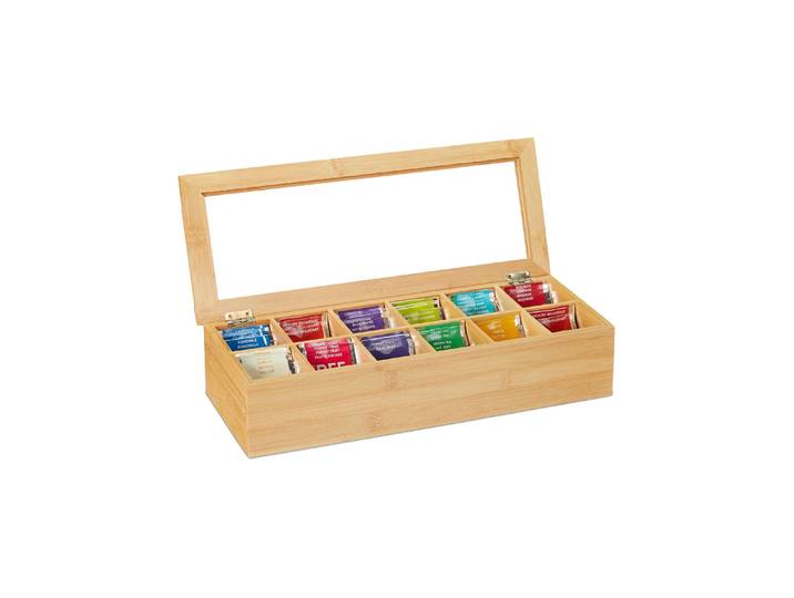 Teebox RELAXDAYS 12 Fächer , braun (hellbraun), B:41cm H:9cm L:16cm, Holz, Lebensmittelaufbewahrungsbehälter, Teebox, Holzart: Bambus (China)