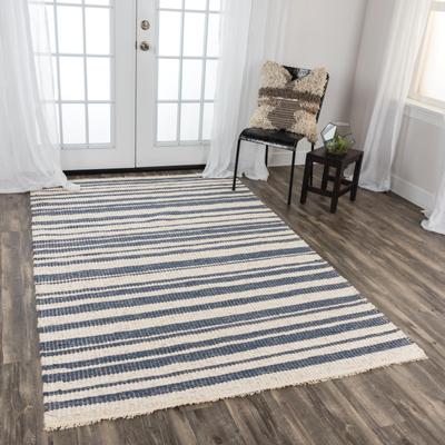 Alora Decor Sun Ivory and Blue Striped Hand-woven Wool Blend Rug