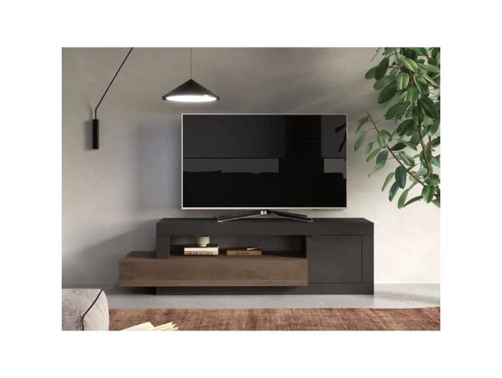 Meuble TV asymétrique RUSELO - VENTE-UNIQUE - 1 porte 1 tiroir et 1 niche - Naturel et anthracite