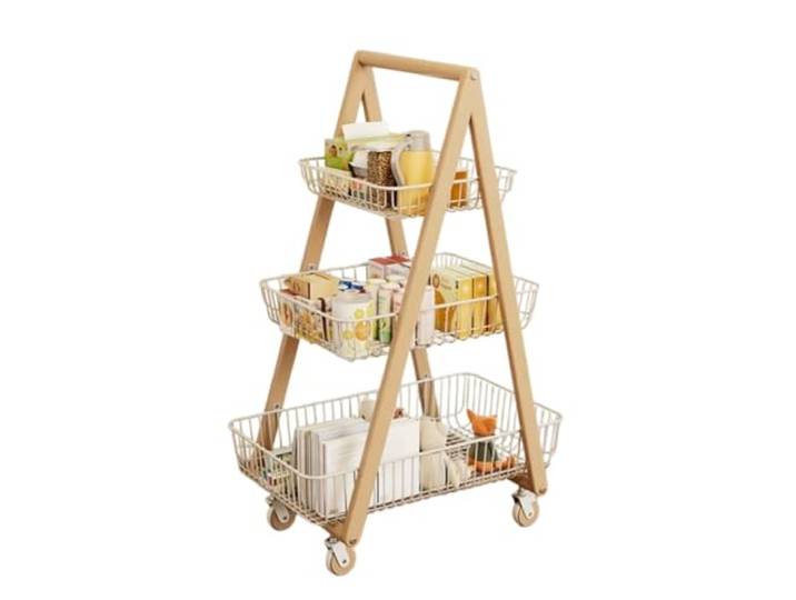 Essen 3-stufiger rollender Aufbewahrungswagen, beweglicher Gemüsekorb und Snack-Organizer-Regal(Weiß)