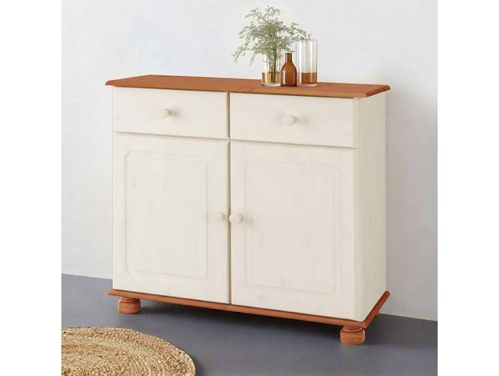 Sideboard GOODPRODUCT Mette Kommode mit 2 Türen & 1 Schubladen, die optisch geteilt ist , weiss (weiß, honig), B:80cm H:77cm T:34cm, Massivholz, Sideboards, Sideboard, Kommode mit gefrästen, kugelförmigen Füssen, 2 Türen und 1 Schublade