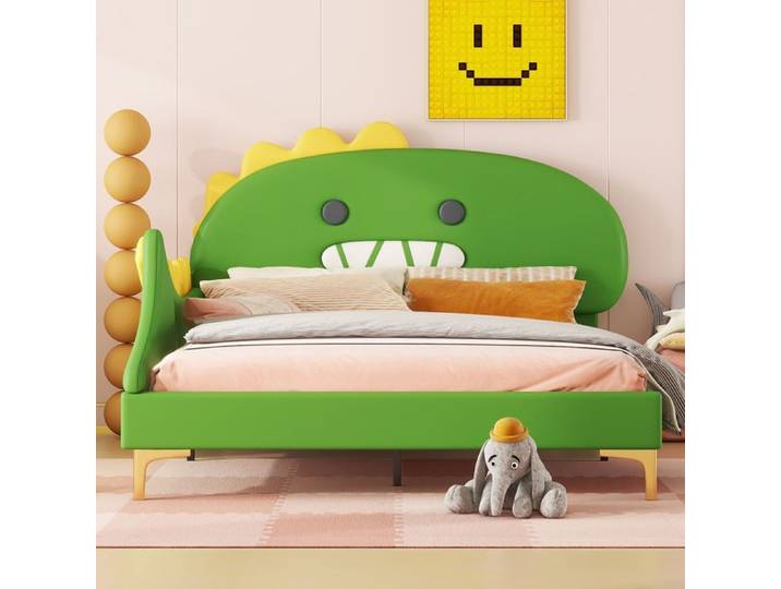 Lit Enfant Dinosaure Vert 140x200 cm Tête de Lit Forme Dinosaure Matériau PU Sommier à Lattes Inclus
