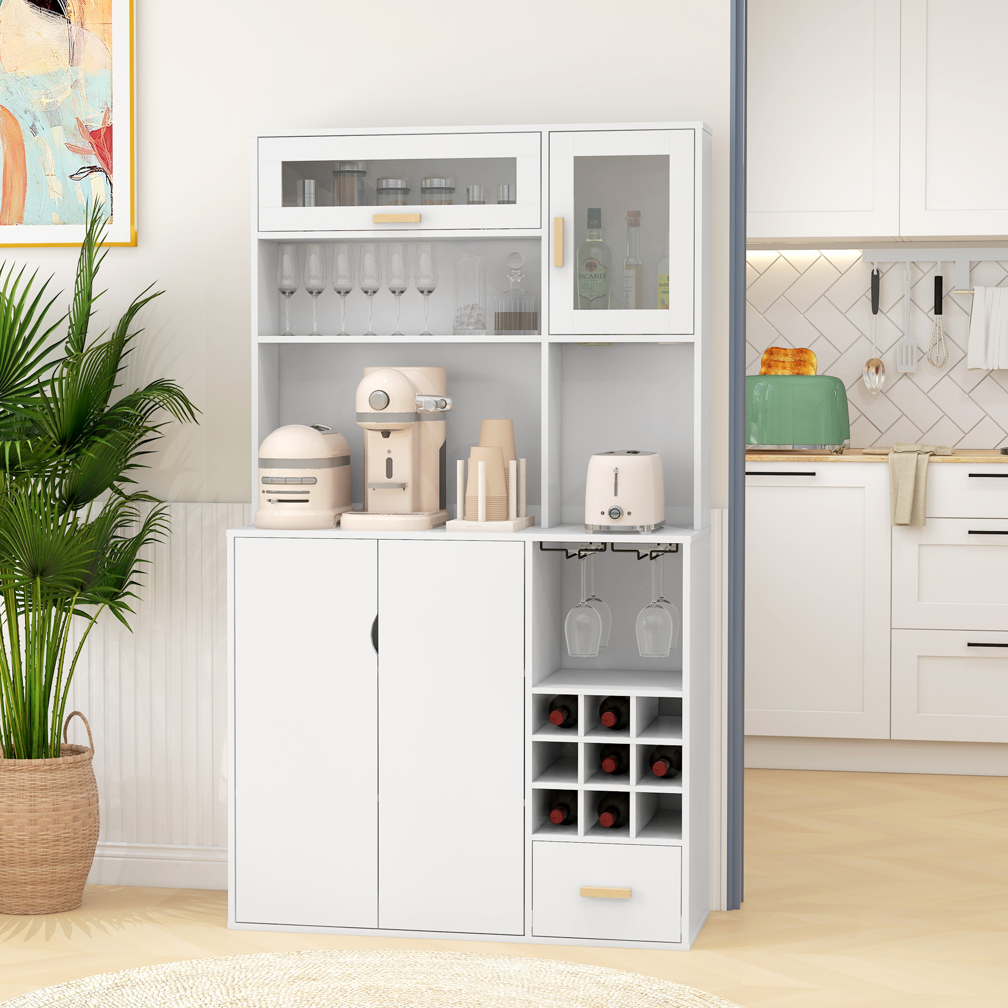 Homcom Mobile Dispensa con Portabottiglie, Armadietti, Ripiani e Cassetto, in Truciolato e Legno, 100x38x172 cm, Bianco Aosom