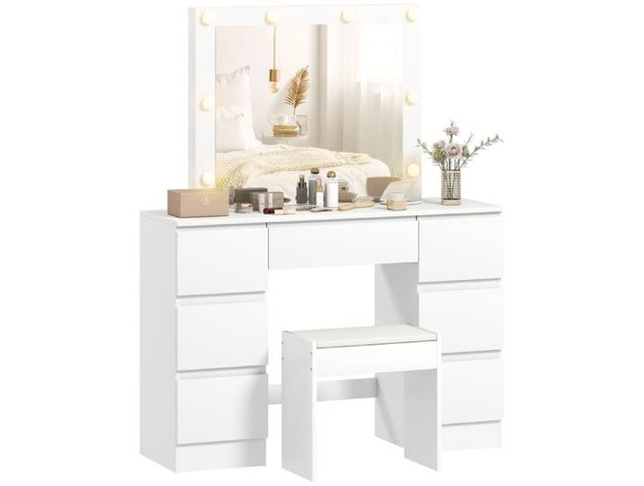 Coiffeuse avec miroir et tabouret - HOMCOM - miroir LED à luminosité - tabouret rembourré - 7 tiroirs - style Hollywood - blanc