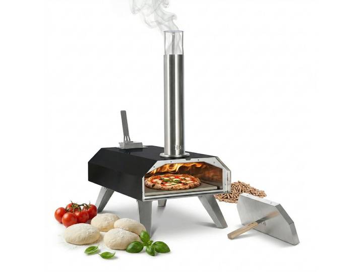 Relaxdays Pizzaofen Schwarz Silber Natur für Pellets mit Pizzastein, Mehrfarbig, Metall, Stein, 36x72x68 cm, Grillen, Grillzubehör
