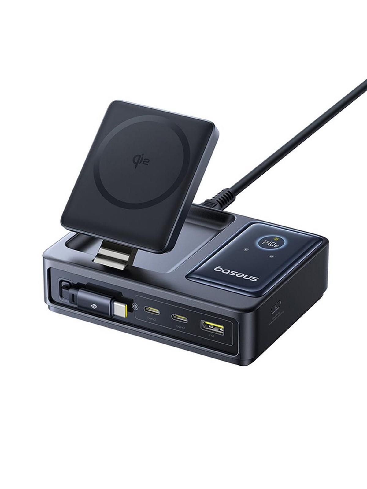 Baseus NOMOS 140W Qi2 5-in-1 Wireless Charging Station with Retractable USB-C Cable and Digital Display - Black